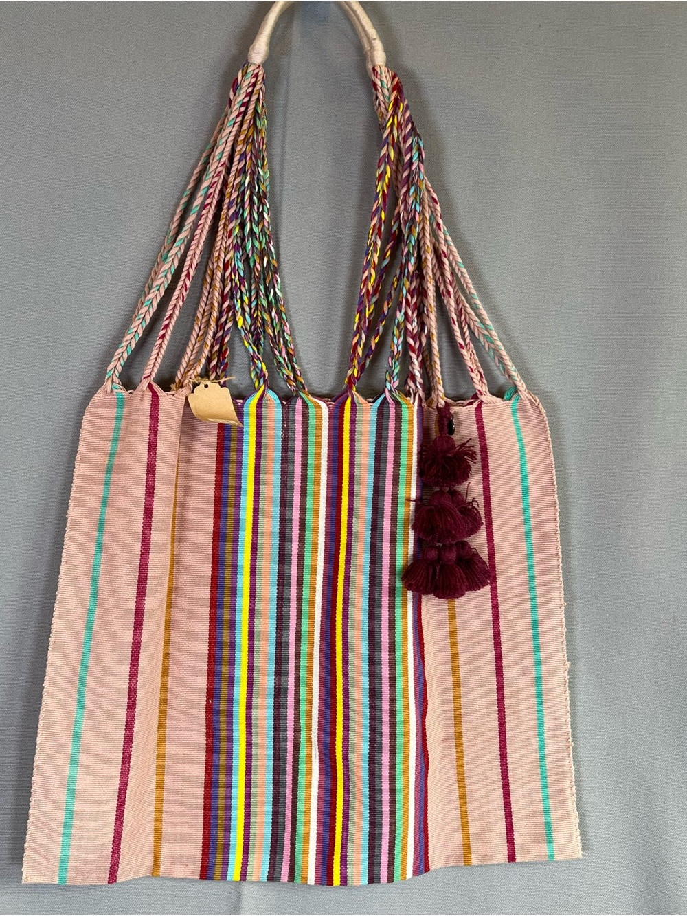 Boho ColorfulStriped Braided Handle Tote Bag w/Tassels WovenTexture BeachSummer